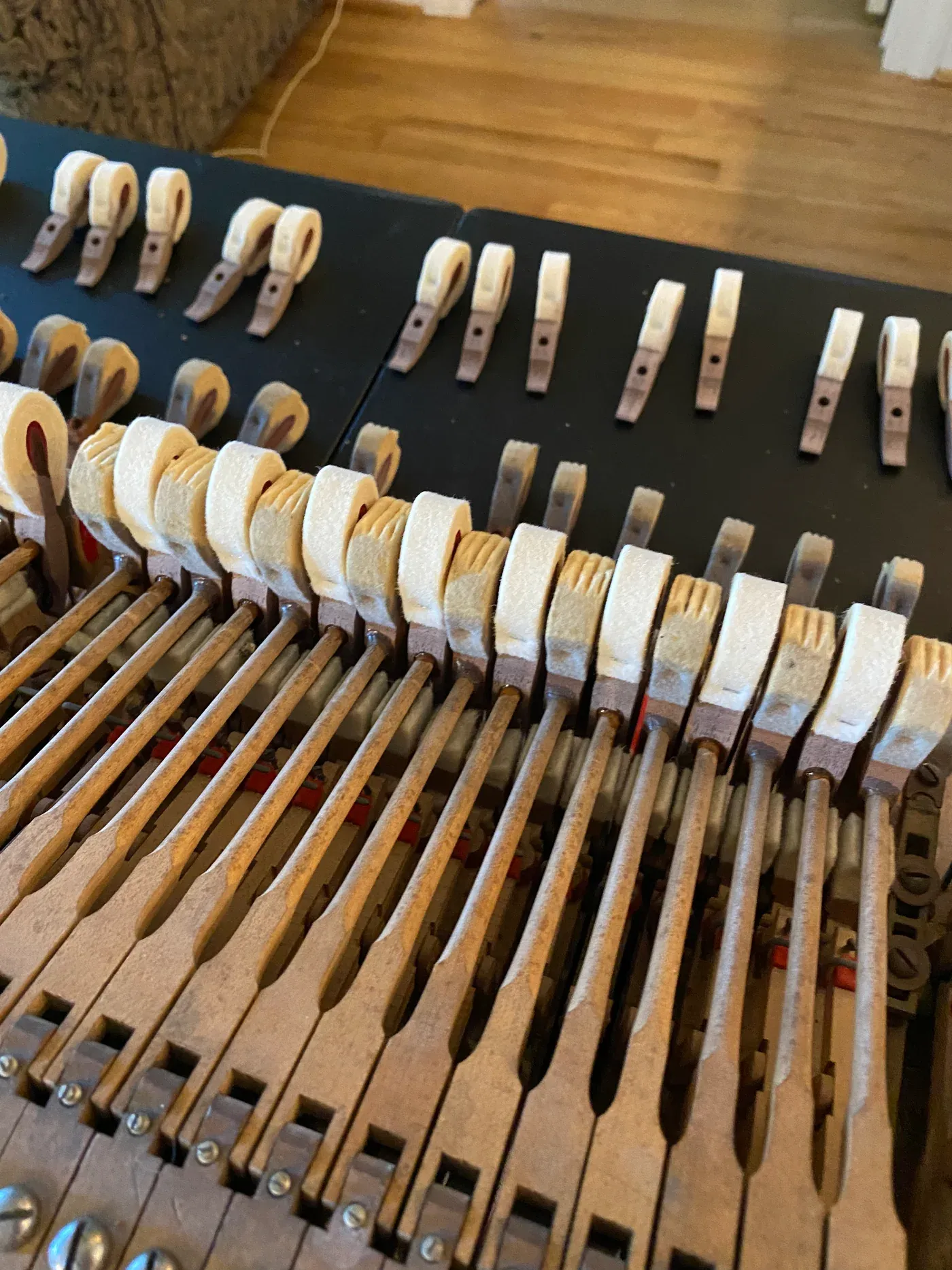 Close view of piano hammers and action parts during tonal service